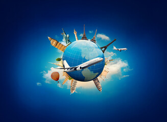 Naklejka premium A globe encircled by iconic world landmarks and airplanes, symbolizing global travel and adventure. A hot air balloon adds to the sense of exploration.