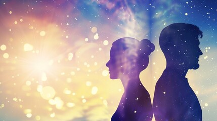 Man and Woman Silhouettes at Abstract Cosmic Background, Loving Couple of Human Souls, Embracing in the Astral Realm, Reflecting Esoteric and Spiritual Life Concept.