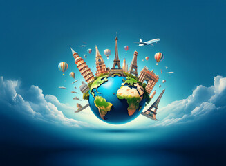 A vibrant globe showcases iconic world landmarks, surrounded by airplanes and hot air balloons, suggesting global travel and adventure.  Clouds form a serene base.