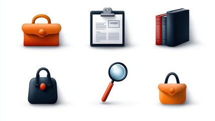 Icon set of legal and regulatory essentials, including a policy document, a magnifying glass for legal review, and a checklist for compliance, all isolated on white