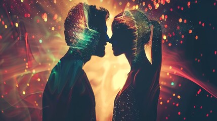 Man and Woman Silhouettes at Abstract Cosmic Background, Loving Couple of Human Souls, Embracing in the Astral Realm, Reflecting Esoteric and Spiritual Life Concept.