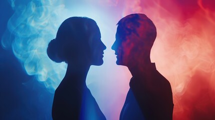 Man and Woman Silhouettes at Abstract Cosmic Background, Loving Couple of Human Souls, Embracing in the Astral Realm, Reflecting Esoteric and Spiritual Life Concept.