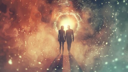 Man and Woman Silhouettes at Abstract Cosmic Background, Loving Couple of Human Souls, Embracing in the Astral Realm, Reflecting Esoteric and Spiritual Life Concept.