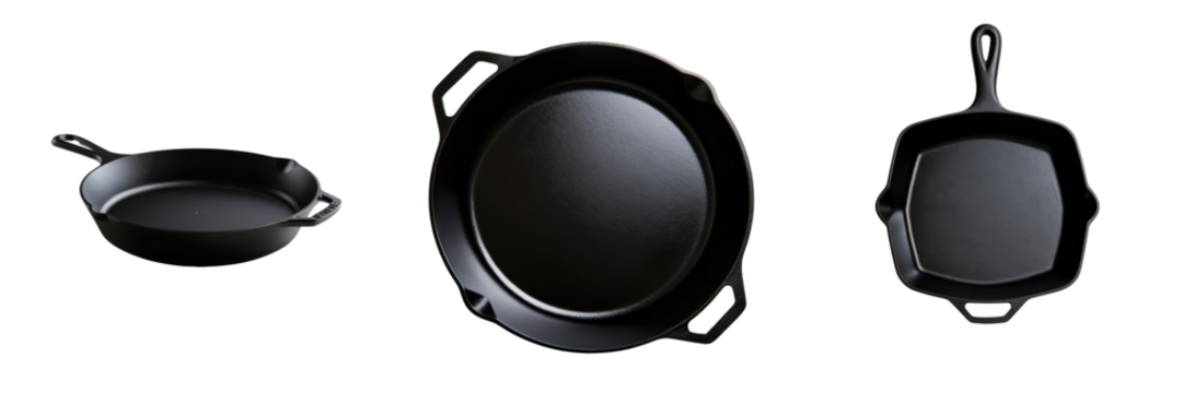 A collection of cast iron skillets in various shapes and sizes.