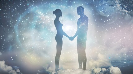Man and Woman Silhouettes at Abstract Cosmic Background, Loving Couple of Human Souls, Embracing in the Astral Realm, Reflecting Esoteric and Spiritual Life Concept.