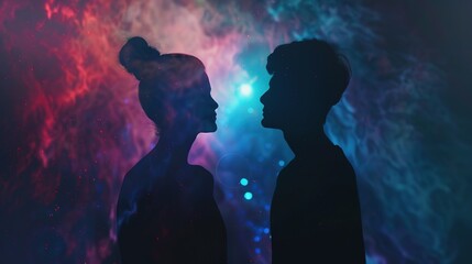 Man and Woman Silhouettes at Abstract Cosmic Background, Loving Couple of Human Souls, Embracing in the Astral Realm, Reflecting Esoteric and Spiritual Life Concept.