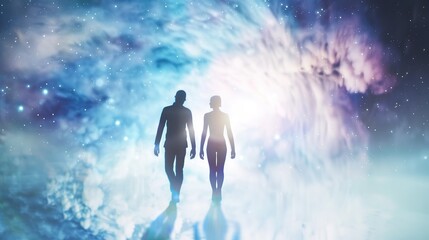 Man and Woman Silhouettes at Abstract Cosmic Background, Loving Couple of Human Souls, Embracing in the Astral Realm, Reflecting Esoteric and Spiritual Life Concept.