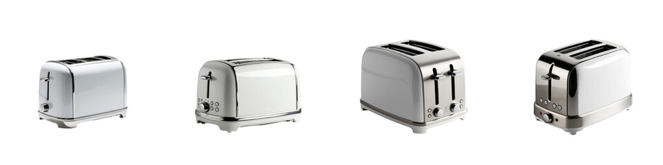 A series of modern toasters showcasing various designs and features, highlighting their sleek metallic surfaces and multiple slots.