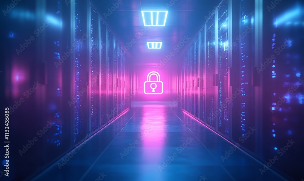 Poster a futuristic data center corridor illuminated with neon lock symbol.