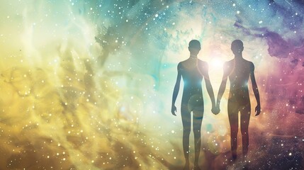 Man and Woman Silhouettes at Abstract Cosmic Background, Loving Couple of Human Souls, Embracing in the Astral Realm, Reflecting Esoteric and Spiritual Life Concept.