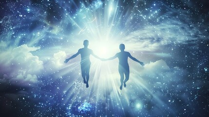 Man and Woman Silhouettes at Abstract Cosmic Background, Loving Couple of Human Souls, Embracing in the Astral Realm, Reflecting Esoteric and Spiritual Life Concept.