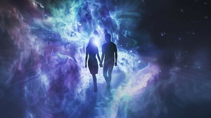 Man and Woman Silhouettes at Abstract Cosmic Background, Loving Couple of Human Souls, Embracing in the Astral Realm, Reflecting Esoteric and Spiritual Life Concept.