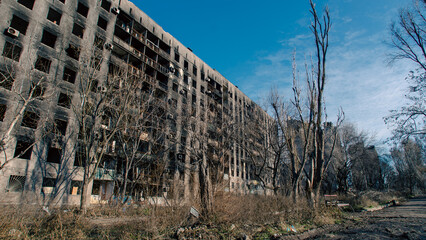 destroyed and burned houses in the city in Ukraine