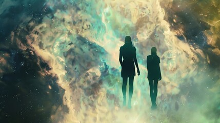 Man and Woman Silhouettes at Abstract Cosmic Background, Loving Couple of Human Souls, Embracing in the Astral Realm, Reflecting Esoteric and Spiritual Life Concept.