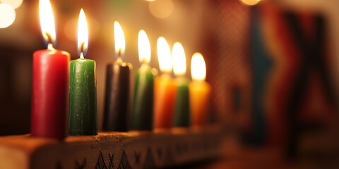 Kwanzaa candles burn brightly in a warm, cultural home with rich African decor