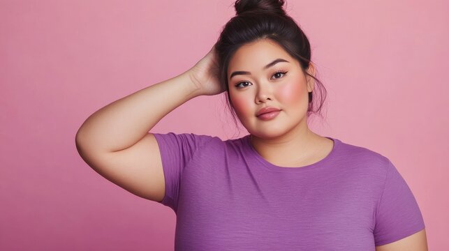 Plus-sized East Asian woman in a purple t-shirt, posing with confidence in a studio