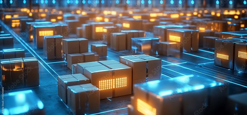 Poster a futuristic warehouse scene with illuminated storage boxes and circuitry.