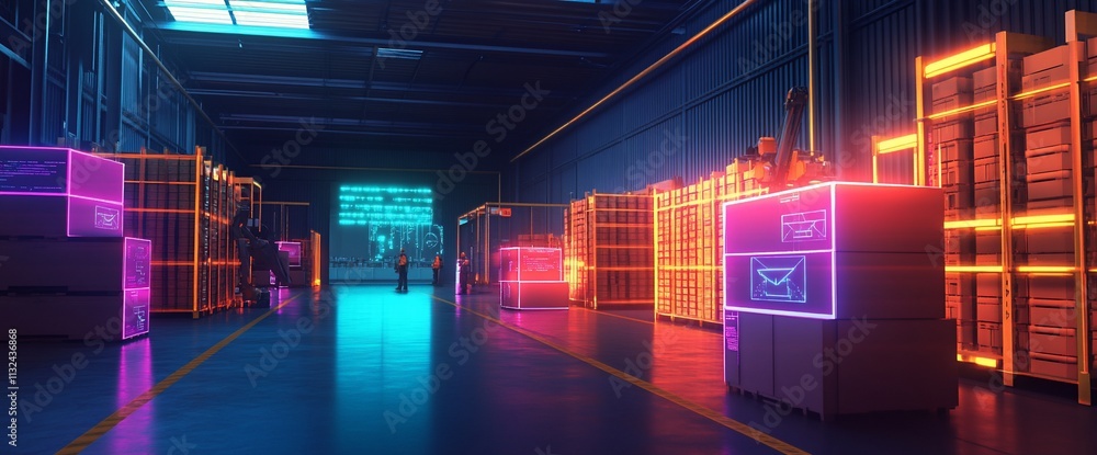 Poster a futuristic warehouse with glowing crates and digital screens.