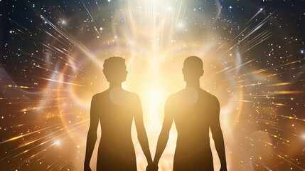 Man and Woman Silhouettes at Abstract Cosmic Background, Loving Couple of Human Souls, Embracing in the Astral Realm, Reflecting Esoteric and Spiritual Life Concept.