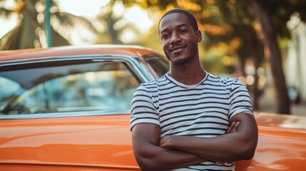 Fototapeta premium Slim African man in a striped t-shirt, casually leaning against a vintage car