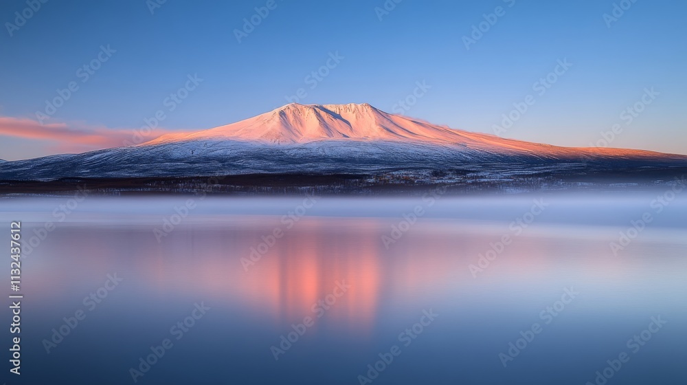Poster a majestic mountain stands tall with a snow-covered peak, mirrored in tranquil arctic waters, bathed