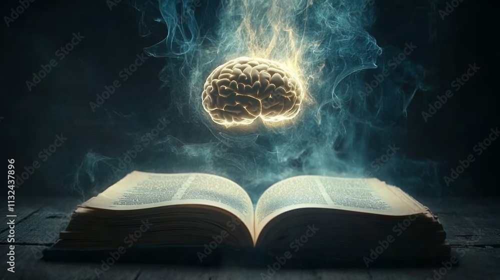 Poster A glowing brain above an open book, symbolizing knowledge and learning.