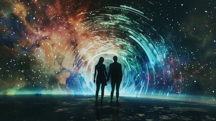 Man and Woman Silhouettes at Abstract Cosmic Background, Loving Couple of Human Souls, Embracing in the Astral Realm, Reflecting Esoteric and Spiritual Life Concept.