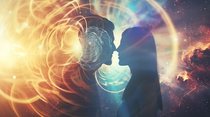 Man and Woman Silhouettes at Abstract Cosmic Background, Loving Couple of Human Souls, Embracing in the Astral Realm, Reflecting Esoteric and Spiritual Life Concept.