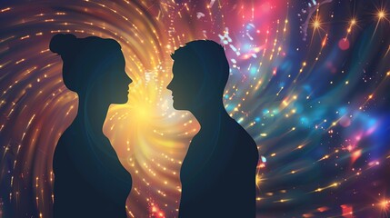 Man and Woman Silhouettes at Abstract Cosmic Background, Loving Couple of Human Souls, Embracing in the Astral Realm, Reflecting Esoteric and Spiritual Life Concept.