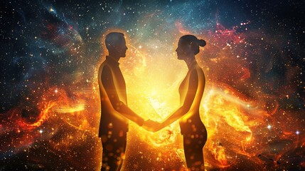 Man and Woman Silhouettes at Abstract Cosmic Background, Loving Couple of Human Souls, Embracing in the Astral Realm, Reflecting Esoteric and Spiritual Life Concept.