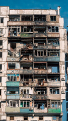 destroyed and burned houses in the city in Ukraine