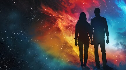 Man and Woman Silhouettes at Abstract Cosmic Background, Loving Couple of Human Souls, Embracing in the Astral Realm, Reflecting Esoteric and Spiritual Life Concept.