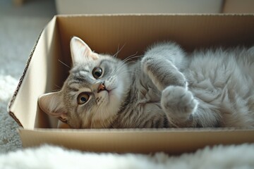 A cat is laying in a cardboard box