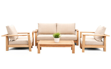 Wooden sofa set two armchairs coffee table is outdoor lounge isolated