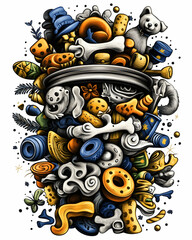 Fototapeta premium Overflowing bowl of dog toys, treats, and bones; whimsical illustration.
