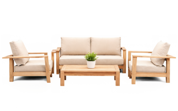 Wooden sofa set two armchairs coffee table is outdoor lounge isolated