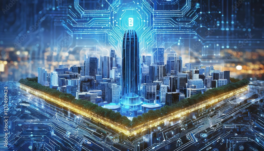 Poster smart city on circuit board background a futuristic cyberspace concept showcasing the integration of