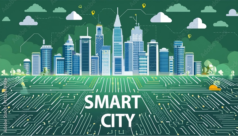 Poster exploring the future of urban living a smart city concept overlaid on a circuit board background, me