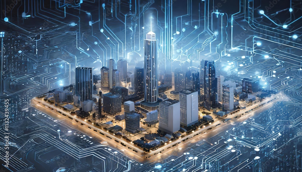 Poster smart city on circuit board background a futuristic cyberspace concept representing the integration 