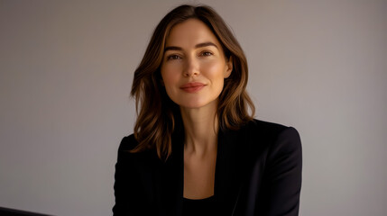 Fototapeta premium Studio photograph of an adult woman with brown hair, sitting.