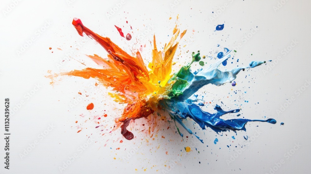 Aufkleber explosive color play artist's creative process in paint splatters on white canvas studio environment