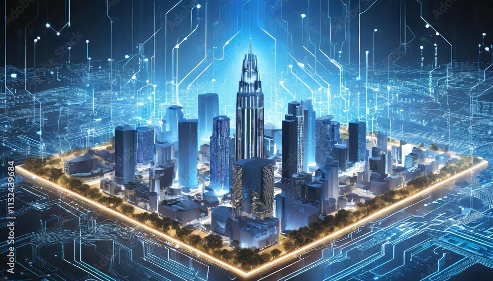 Poster exploring the future smart city on circuit board background a futuristic cyberspace concept showcasi