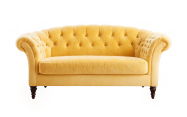 Yellow sofa tufted design has curved backrest armrests loveseat isolated