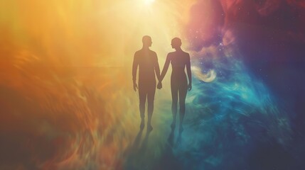Man and Woman Silhouettes at Abstract Cosmic Background, Loving Couple of Human Souls, Embracing in the Astral Realm, Reflecting Esoteric and Spiritual Life Concept.
