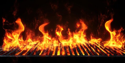 Fire on the grill, burning flames, black background