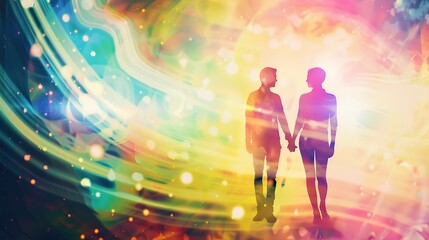 Man and Woman Silhouettes at Abstract Cosmic Background, Loving Couple of Human Souls, Embracing in the Astral Realm, Reflecting Esoteric and Spiritual Life Concept.