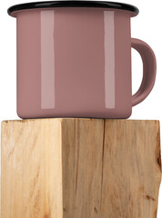 Mockup burgundy enamel mug on square old wood, png