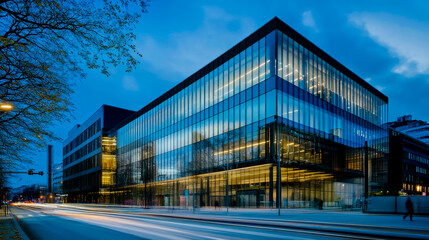 Obraz premium Modern Scandinavian bank building with clean lines and contemporary architecture, positioned on the right side of the image.