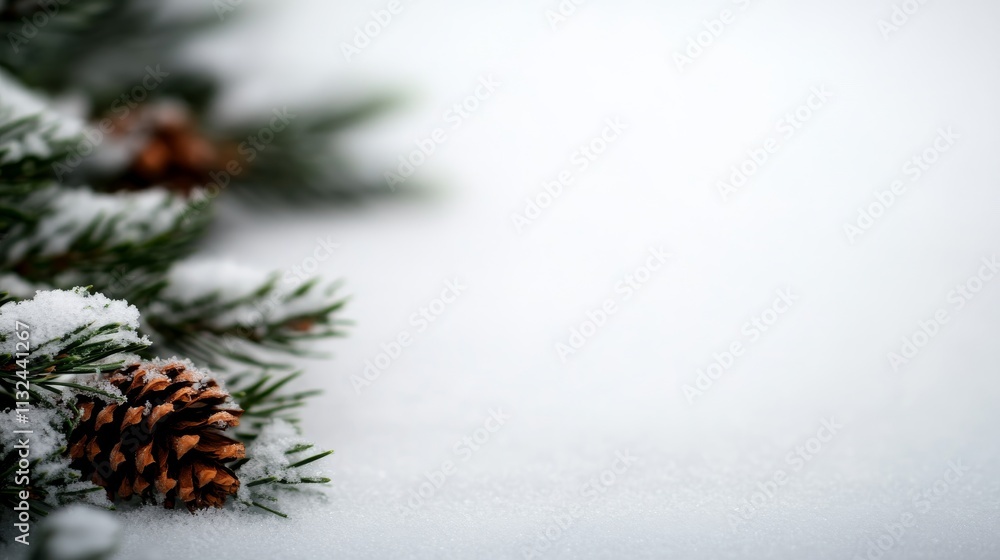 Poster close-up of snow-dusted pine needles and cones set against a blurred white background captures the e