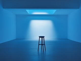 A lone stool in a spacious, blue-toned minimalist room with dramatic light from a skylight, evoking solitude and serenity.